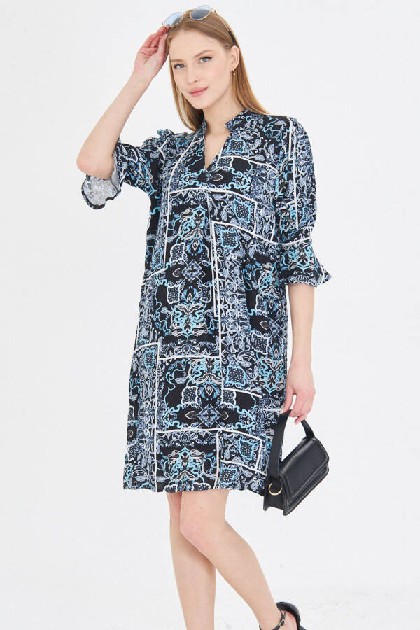 Women's Navy Blue V-Neck Pleated Detail Pocketed Quarter Sleeve - 1