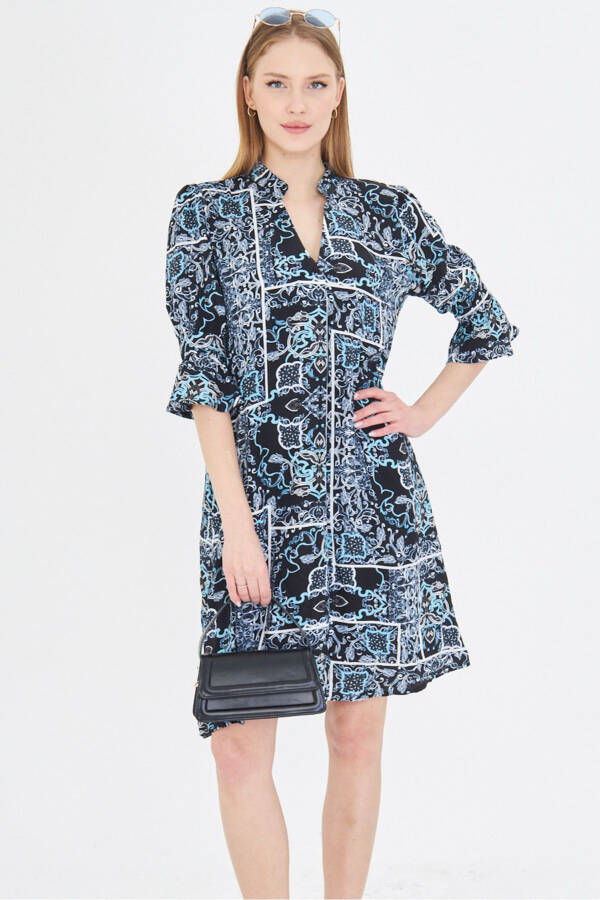 Women's Navy Blue V-Neck Pleated Detail Pocketed Quarter Sleeve - 2