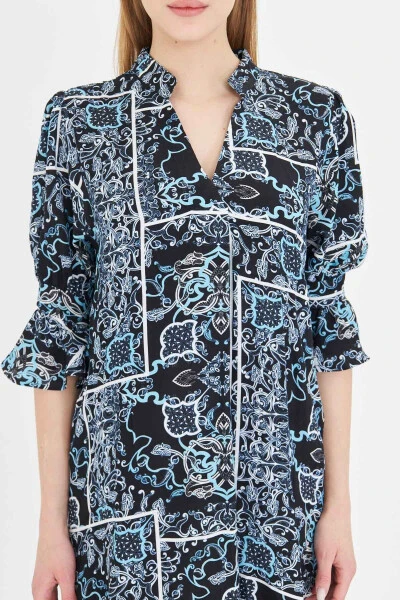 Women's Navy Blue V-Neck Pleated Detail Pocketed Quarter Sleeve - 3