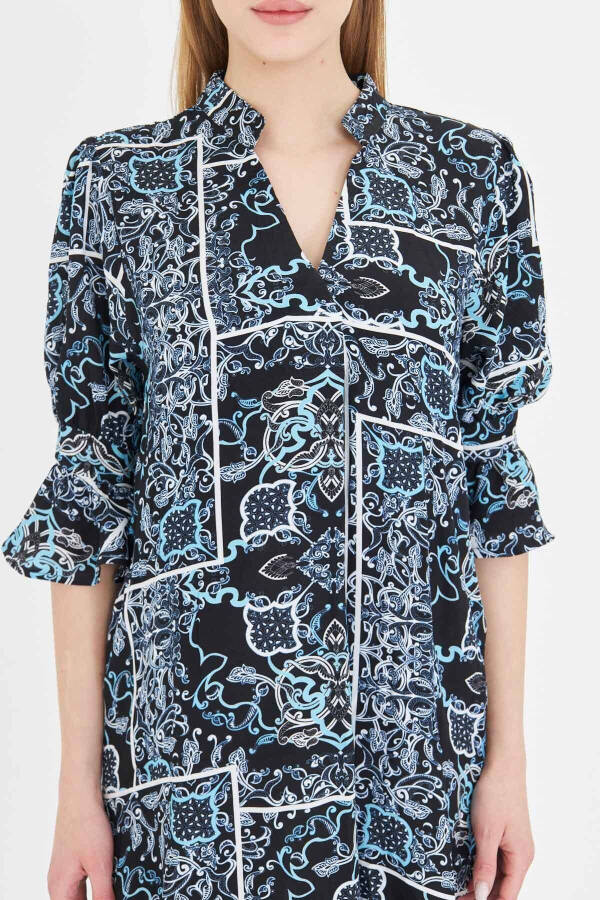 Women's Navy Blue V-Neck Pleated Detail Pocketed Quarter Sleeve - 3