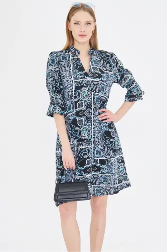 Women's Navy Blue V-Neck Pleated Detail Pocketed Quarter Sleeve - 3