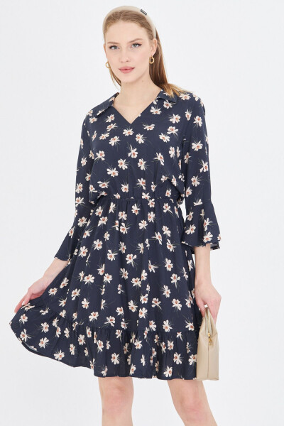 Women's Navy Blue V-Neck Ruffle Sleeve Elastic Waist - 9