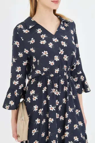 Women's Navy Blue V-Neck Ruffle Sleeve Elastic Waist - 5