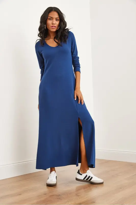 Women's Navy Blue V-Neck Three-Quarter Sleeve Slit Modal - 2