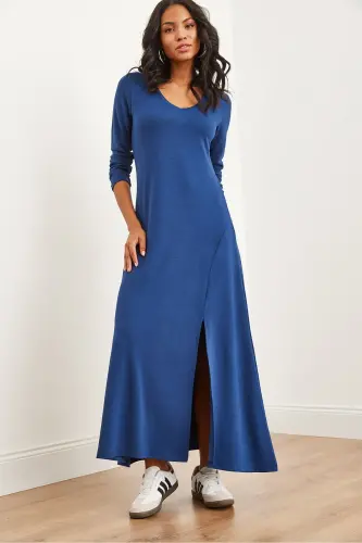 Women's Navy Blue V-Neck Three-Quarter Sleeve Slit Modal - 3