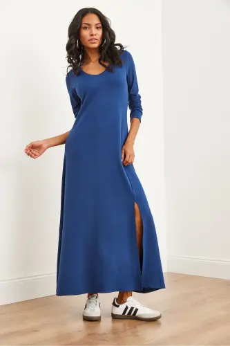 Women's Navy Blue V-Neck Three-Quarter Sleeve Slit Modal - 4