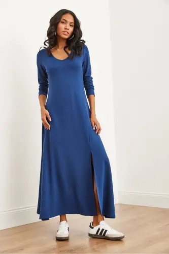 Women's Navy Blue V-Neck Three-Quarter Sleeve Slit Modal - 5