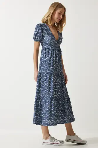 Women's Navy Blue Wrap Neck Patterned Summer Knitted Dress UB00267-Navy Blue - 3