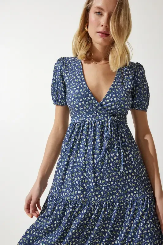 Women's Navy Blue Wrap Neck Patterned Summer Knitted Dress UB00267-Navy Blue - 5