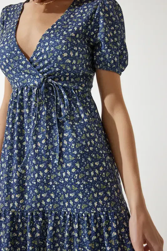 Women's Navy Blue Wrap Neck Patterned Summer Knitted Dress UB00267-Navy Blue - 6