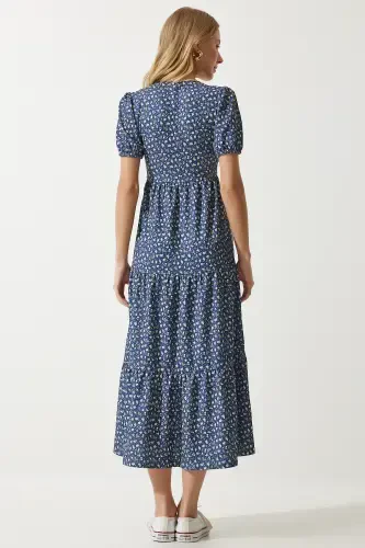 Women's Navy Blue Wrap Neck Patterned Summer Knitted Dress UB00267-Navy Blue - 7