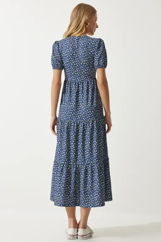 Women's Navy Blue Wrap Neck Patterned Summer Knitted Dress UB00267-Navy Blue - 7