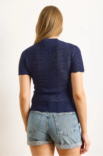 Women's Navy Blue Zigzag Openwork Mercerized Viscose Knit Blouse BLZ-19003010-Navy Blue - OLALOOK (1)