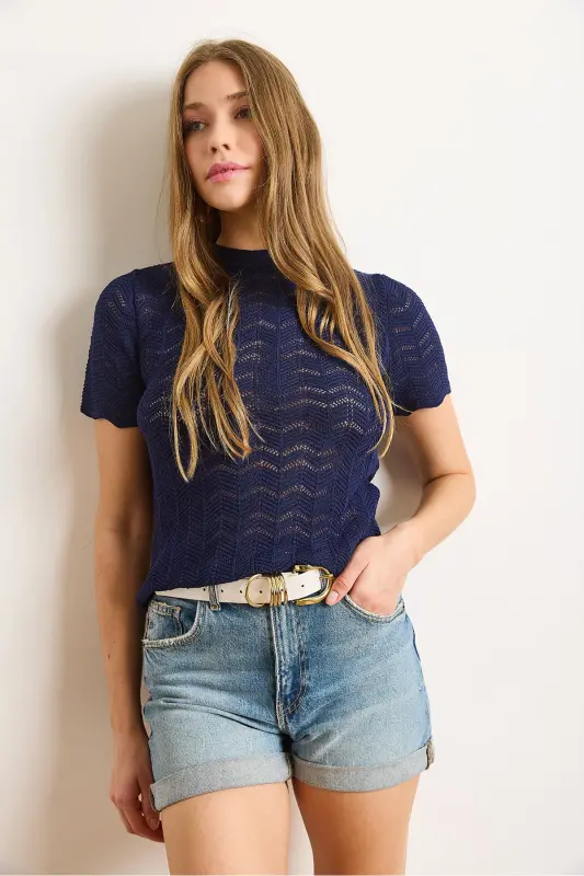 Women's Navy Blue Zigzag Openwork Mercerized Viscose Knit Blouse BLZ-19003010-Navy Blue - 4