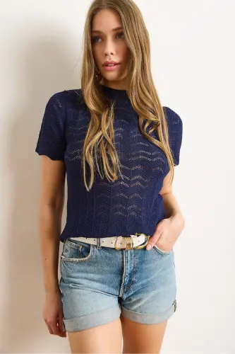 Women's Navy Blue Zigzag Openwork Mercerized Viscose Knit Blouse BLZ-19003010-Navy Blue - 5