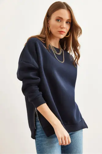 Women's Navy Blue Zipper Detail Fleece Lined Thick Sweatshirt SWT-19000624-Navy - 1