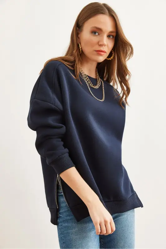 Women's Navy Blue Zipper Detail Fleece Lined Thick Sweatshirt SWT-19000624-Navy - 1