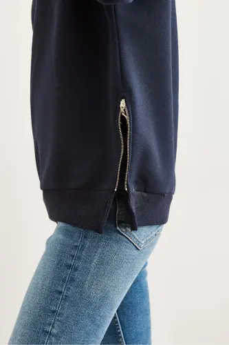 Women's Navy Blue Zipper Detail Fleece Lined Thick Sweatshirt SWT-19000624-Navy - 6