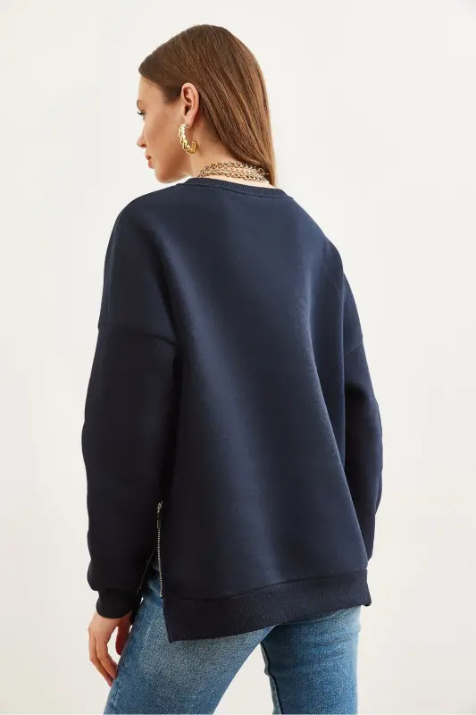 Women's Navy Blue Zipper Detail Fleece Lined Thick Sweatshirt SWT-19000624-Navy - 7