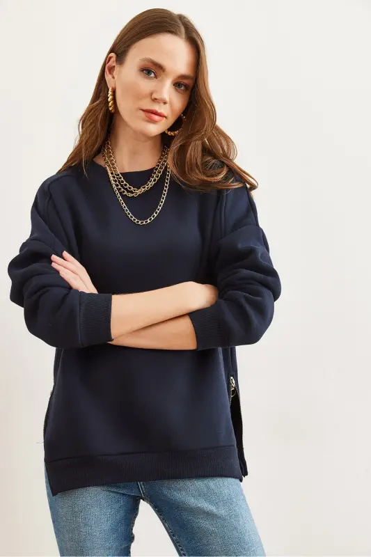 Women's Navy Blue Zipper Detail Fleece Lined Thick Sweatshirt SWT-19000624-Navy - 3