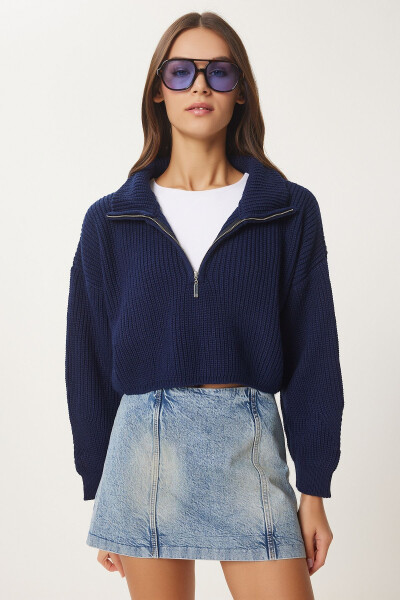 Women's Navy Blue Zippered Turtleneck Knit Sweater - HAPPINESS İSTANBUL