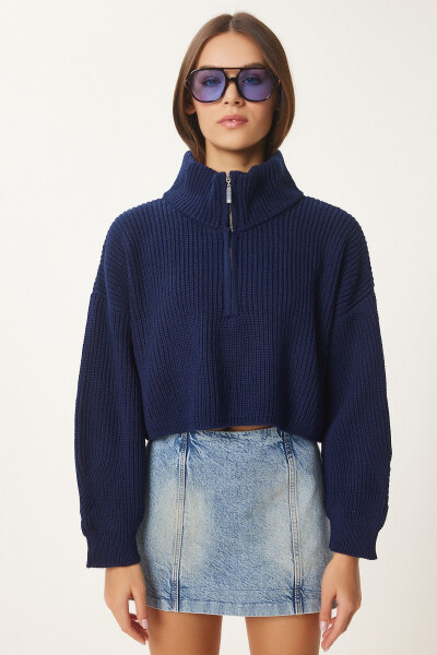 Women's Navy Blue Zippered Turtleneck Knit Sweater - 5