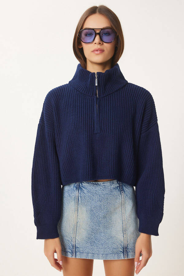 Women's Navy Blue Zippered Turtleneck Knit Sweater - 5