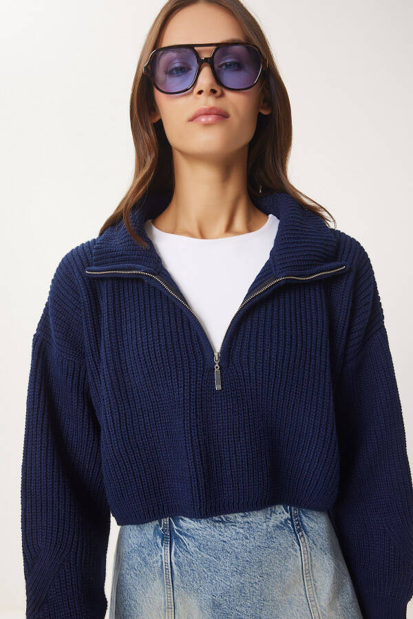 Women's Navy Blue Zippered Turtleneck Knit Sweater - 4