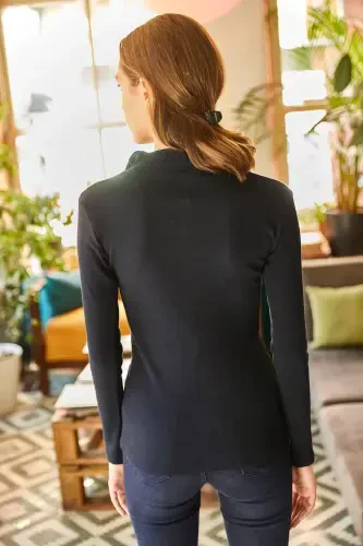 Women's Navy Blue Zippered Turtleneck Lycra Blouse BLZ-19001155-Navy Blue - 3