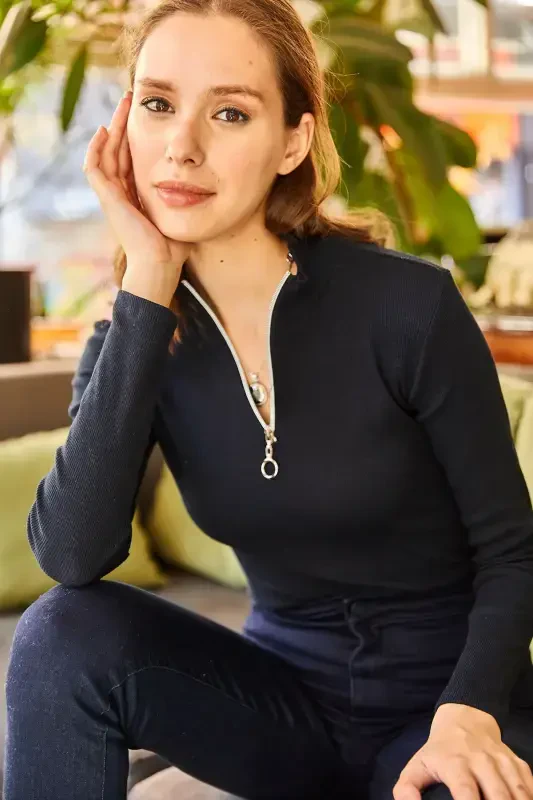 Women's Navy Blue Zippered Turtleneck Lycra Blouse BLZ-19001155-Navy Blue - 4