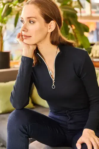 Women's Navy Blue Zippered Turtleneck Lycra Blouse BLZ-19001155-Navy Blue - 5