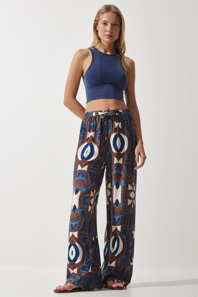 Women's Navy Brown Patterned Draped Viscose Palazzo Pants EN00606 