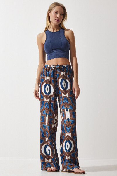Women's Navy Brown Patterned Draped Viscose Palazzo Pants EN00606 - HAPPINESS İSTANBUL (1)