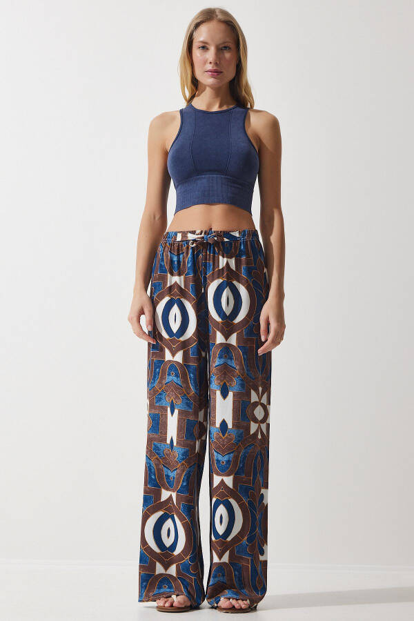 Women's Navy Brown Patterned Draped Viscose Palazzo Pants EN00606 - 3