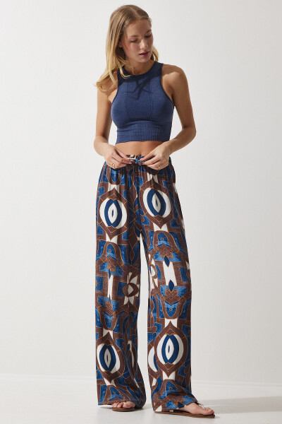 Women's Navy Brown Patterned Draped Viscose Palazzo Pants EN00606 - 4