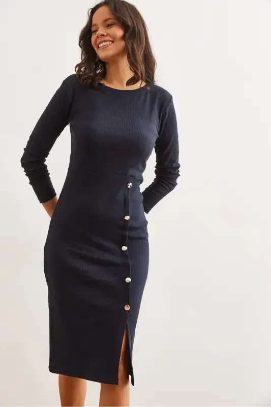 Women's Navy Button Detailed Slit Midi Flexible - 1