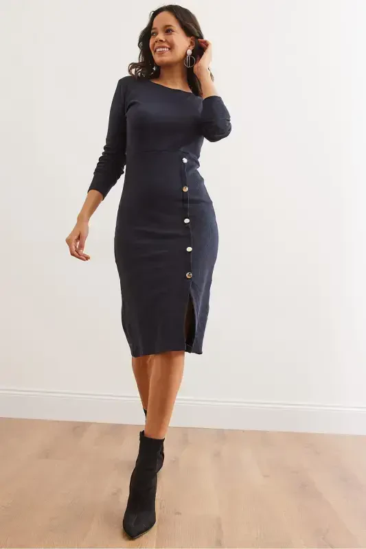 Women's Navy Button Detailed Slit Midi Flexible - 2