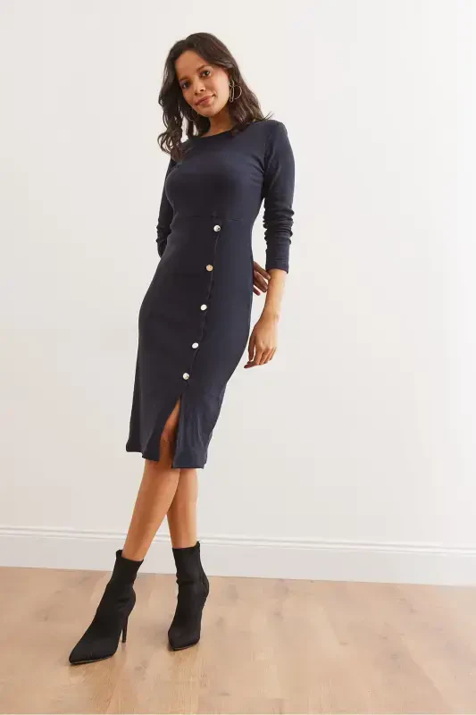 Women's Navy Button Detailed Slit Midi Flexible - 3