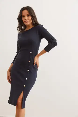 Women's Navy Button Detailed Slit Midi Flexible - 4