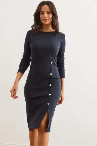 Women's Navy Button Detailed Slit Midi Flexible - 5