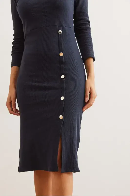 Women's Navy Button Detailed Slit Midi Flexible - 6