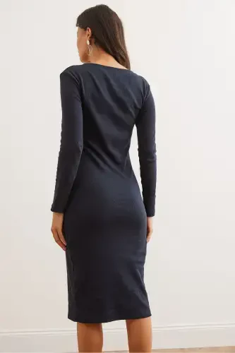 Women's Navy Button Detailed Slit Midi Flexible - 7