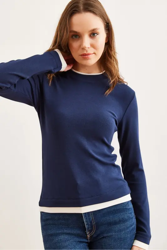 Women's Navy Collar and Skirt Embellished Soft Touch Flexible Blouse BLZ-19002802-Navy - 4