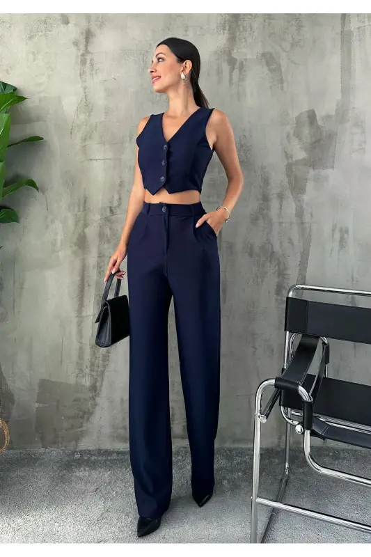 Women's Navy Crepe Blazer and High Waisted Pants Set - 5
