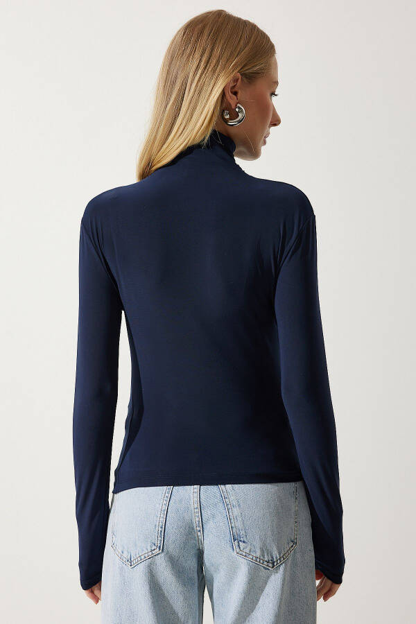 Women's Navy Drawstring Detail Stand Collar Sandy Blouse FF00135 - 5