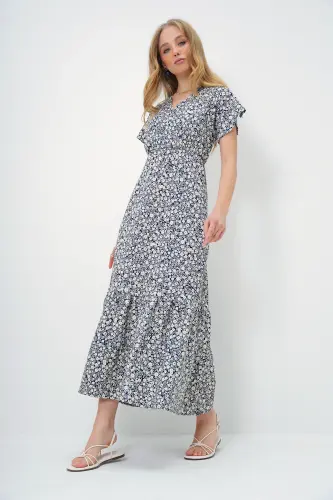 Women's Navy Ecru Patterned Crossover Maxi Dress ALC-X4373-NAVY ECRU - 3
