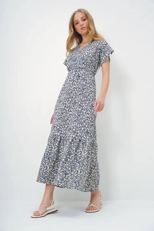 Women's Navy Ecru Patterned Crossover Maxi Dress ALC-X4373-NAVY ECRU - 3