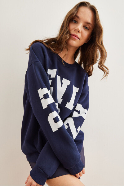 Women's Navy Embossed Print Oversized Thistle Sweatshirt SWT-19000675 - 4
