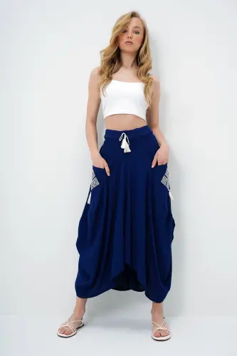 Women's Navy Embroidered Double Pocket Palazzo Cut Woven Skirt ALC-X11801 - TREND ALAÇATI STILI (1)