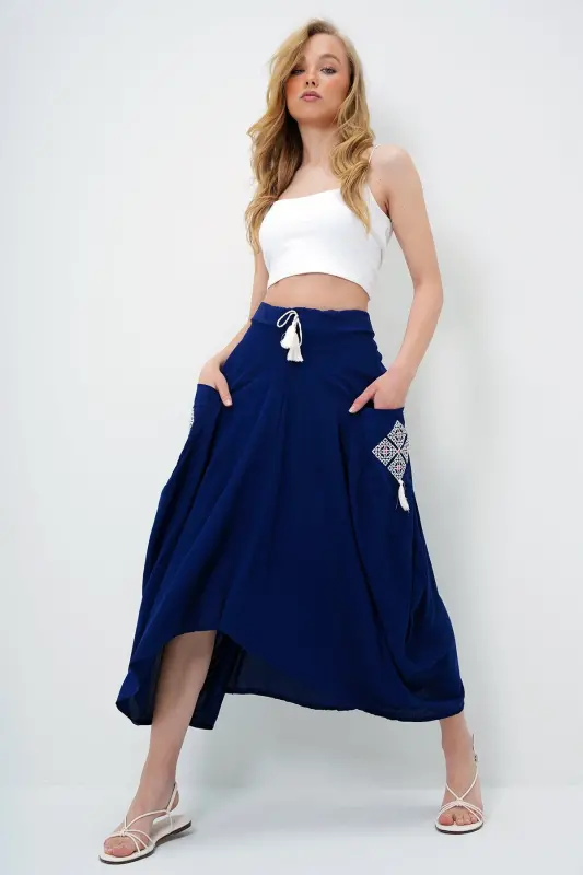 Women's Navy Embroidered Double Pocket Palazzo Cut Woven Skirt ALC-X11801 - 4
